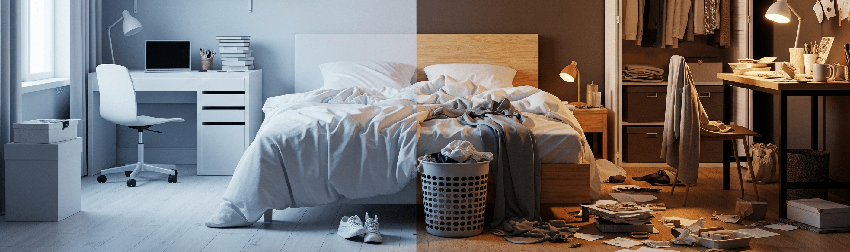 Half tidy, half messy room illustrating clashing cleanliness standards