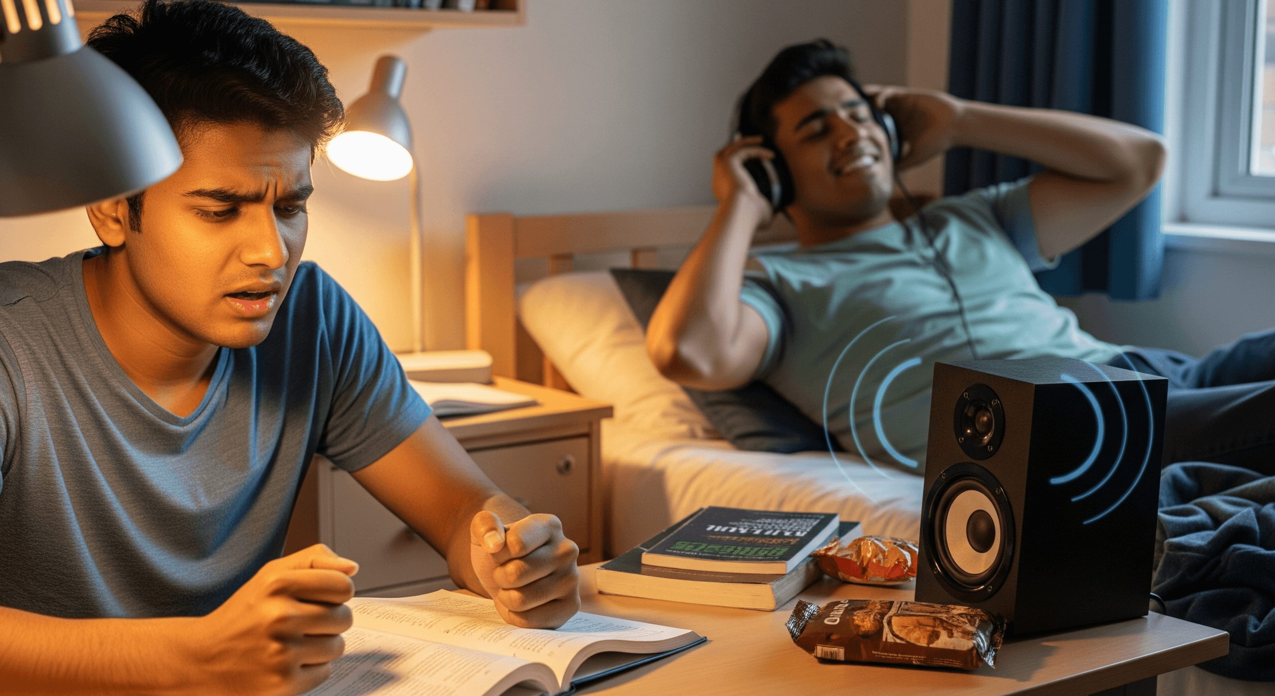 Two students in a shared room—one frustrated, the other being careless—illustrating roommate conflict