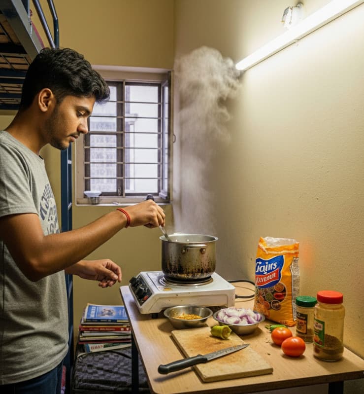 Simple cooking setup with one pot and a chopping board