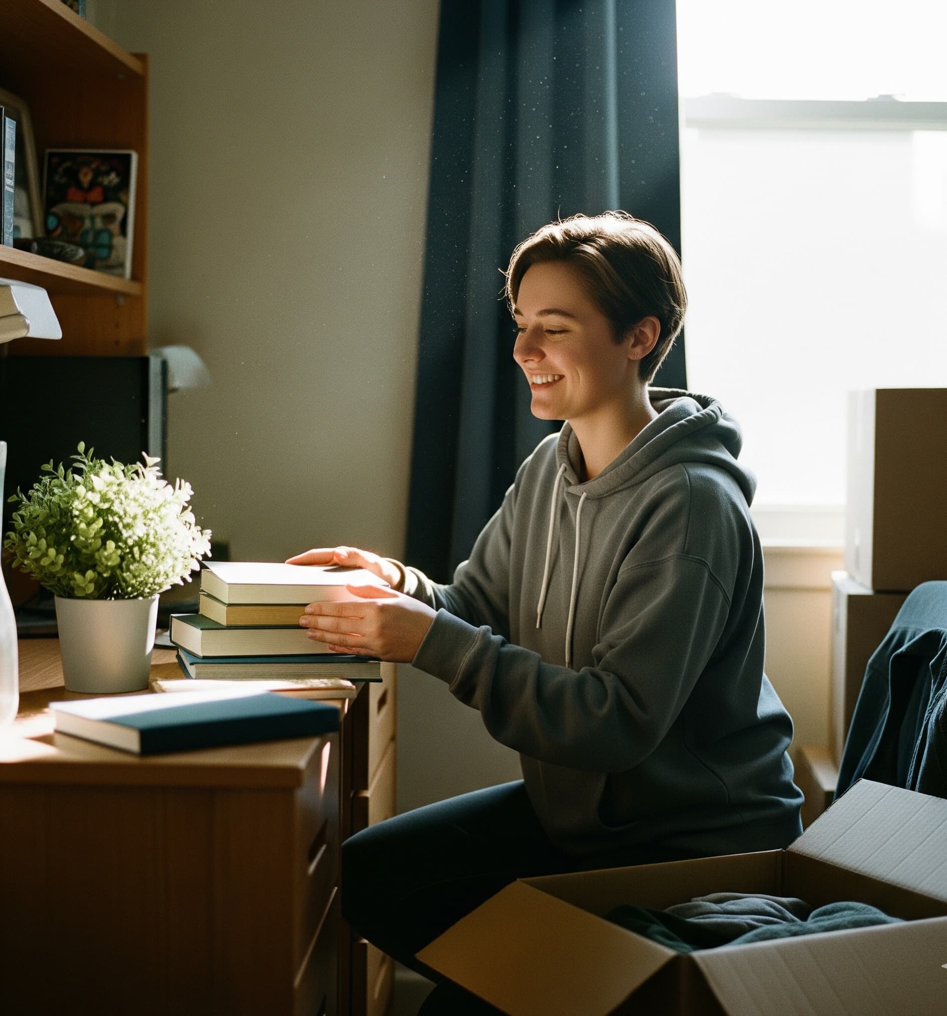 Student unpacking in a new room and arranging a study corner