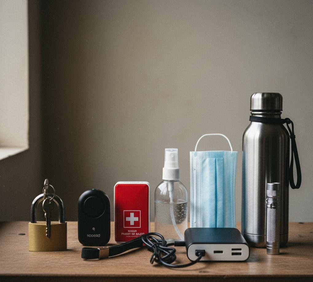 Safety checklist with torch, first aid and copies of documents