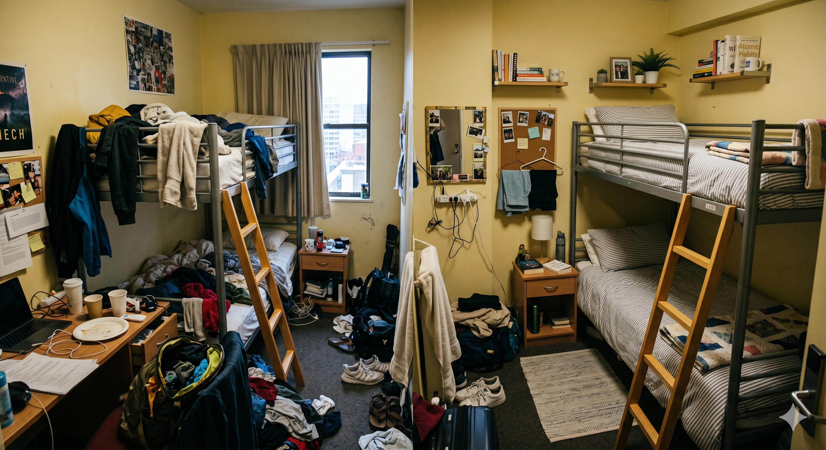 A cramped hostel room with two beds, one side messy and one side organized.