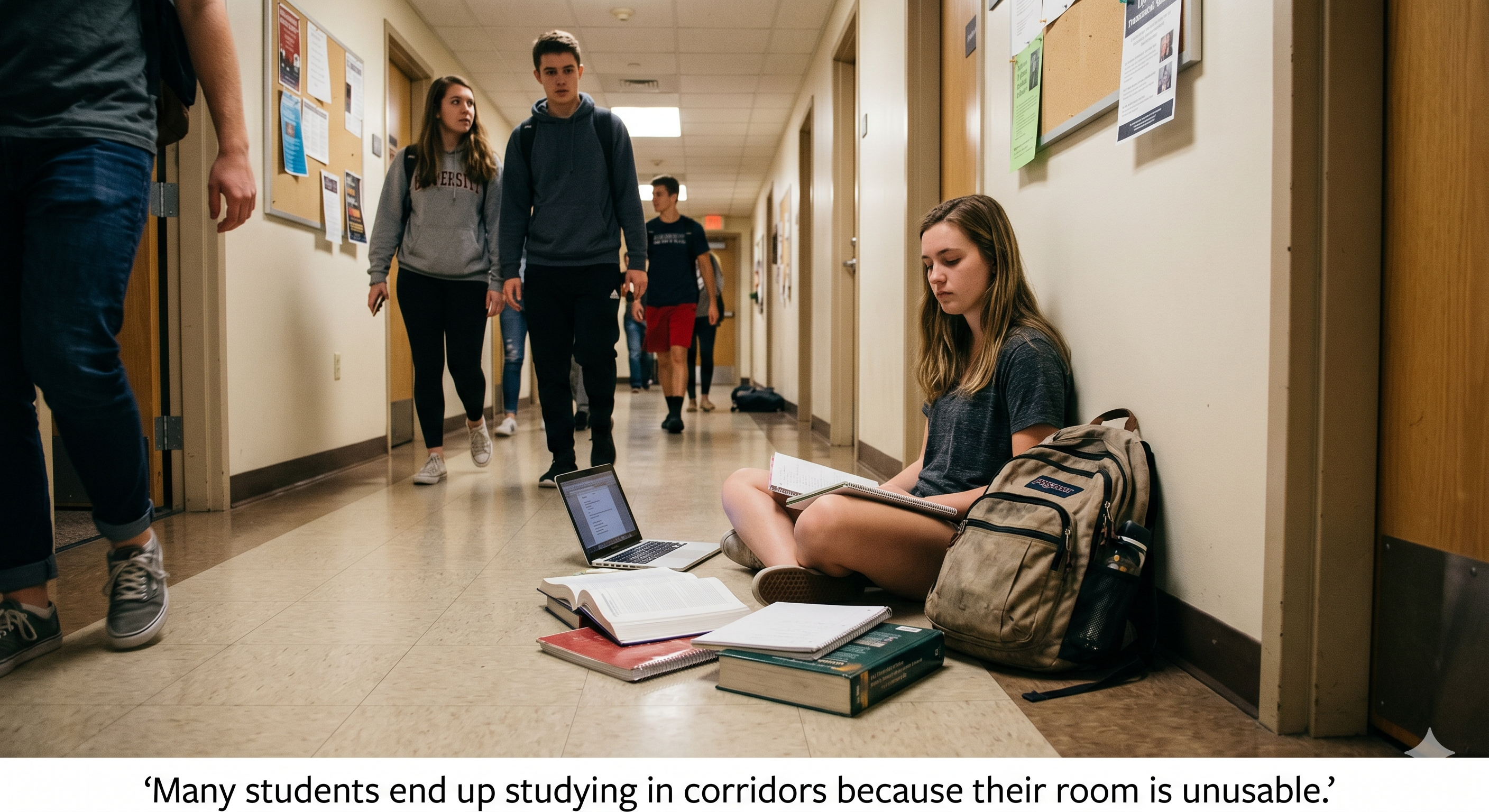 A student studying in a hallway.