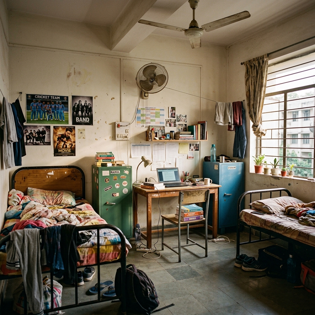 A real Indian college hostel room with two single beds, simple cupboards, a study desk under natural daylight, authentic and lived-in