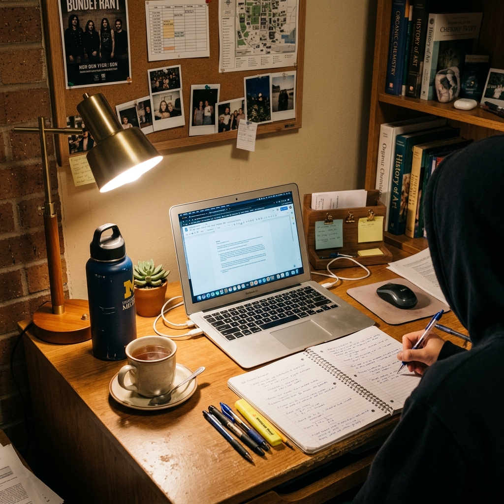 A student's study desk in a hostel room with a laptop, open notebooks, a study lamp, water bottle, and pens, looking genuine and lived-in