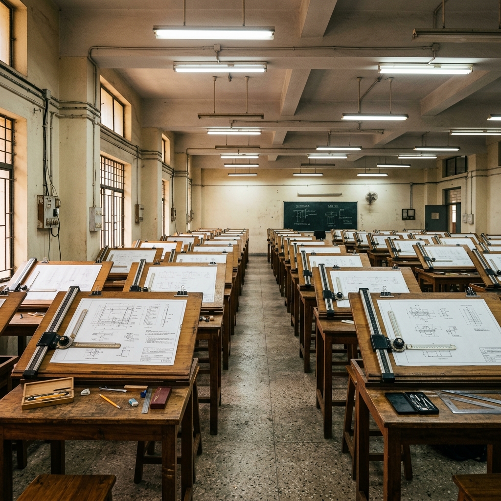 Indian engineering college drawing hall with wooden drawing desks, mini-drafters, and drawing sheets