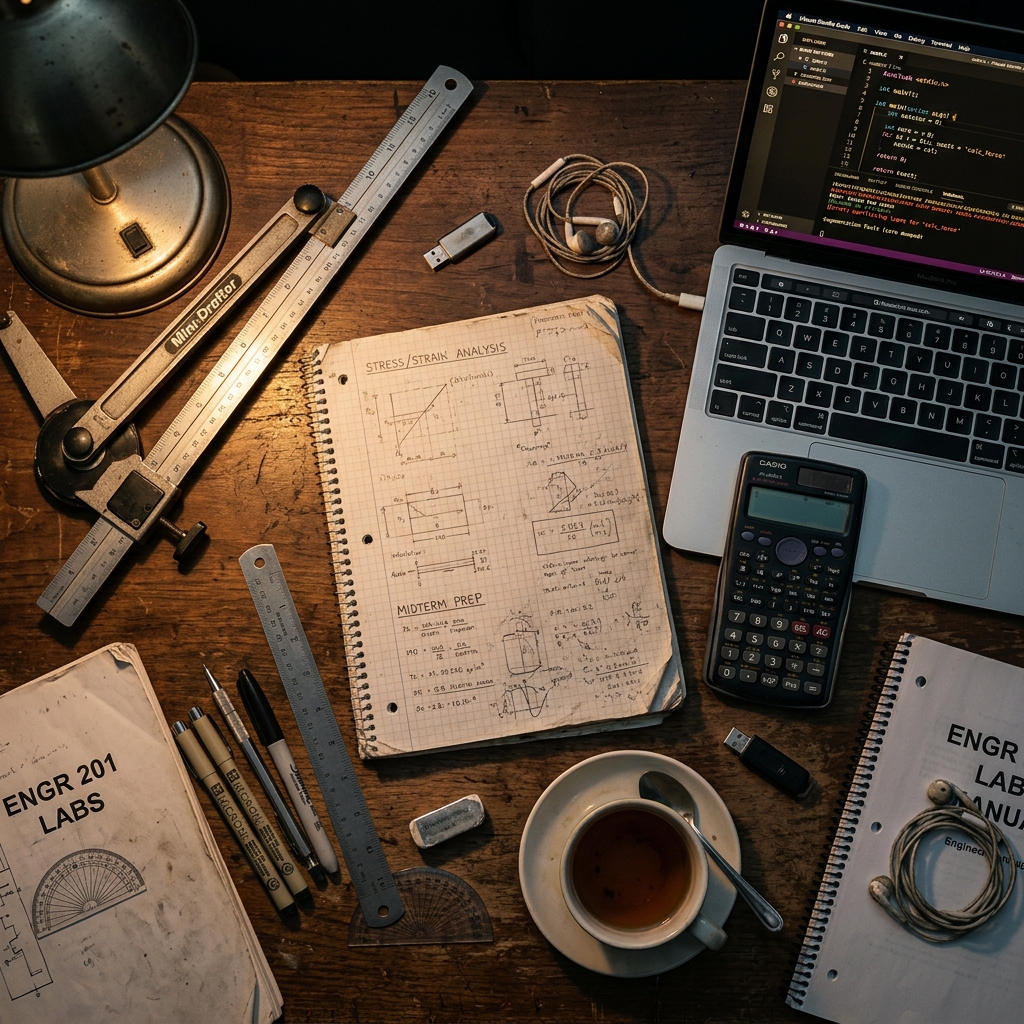 Engineering student desk with technical drawings, Casio calculator, laptop with VS Code