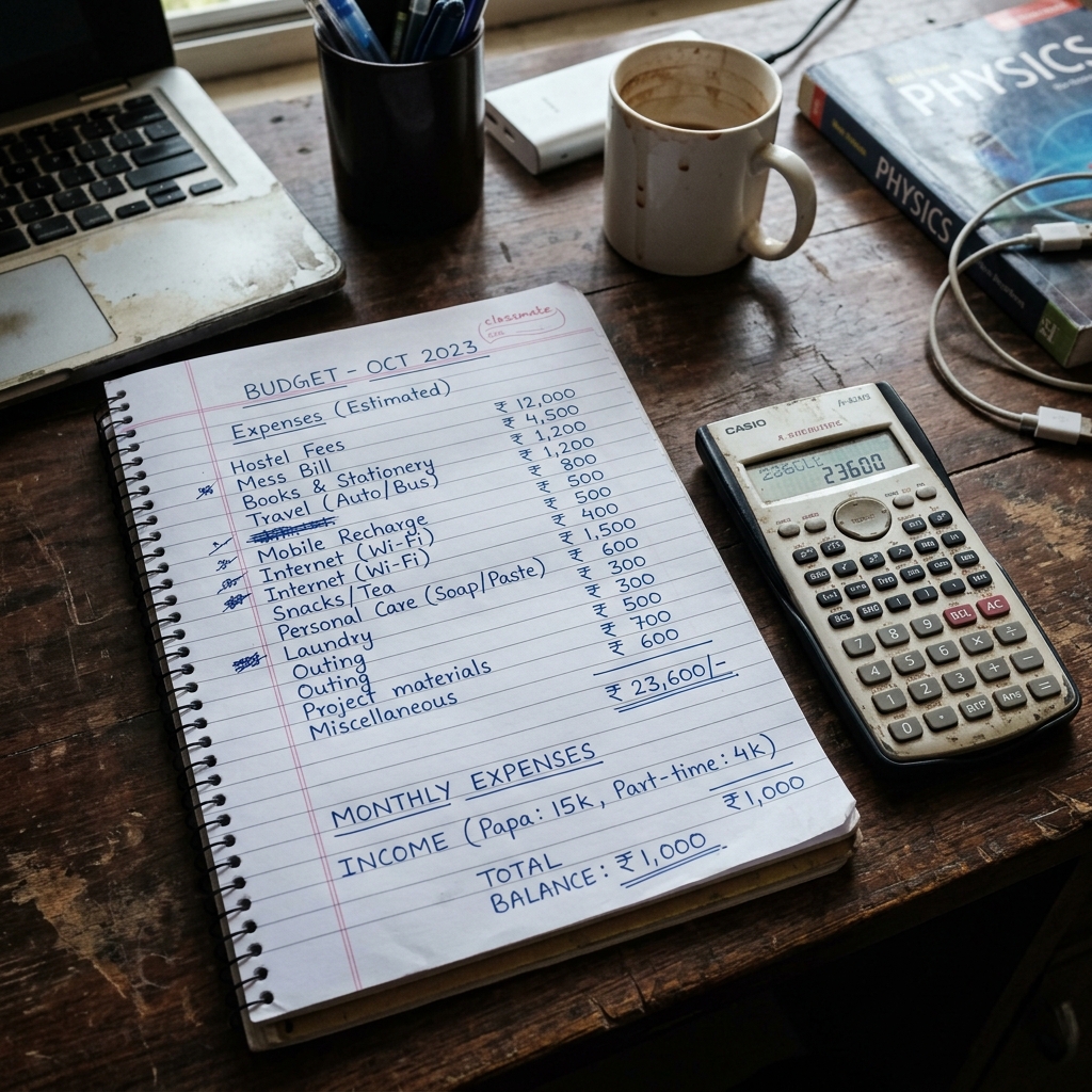 A handwritten budget sheet on a notebook page with a calculator beside it.