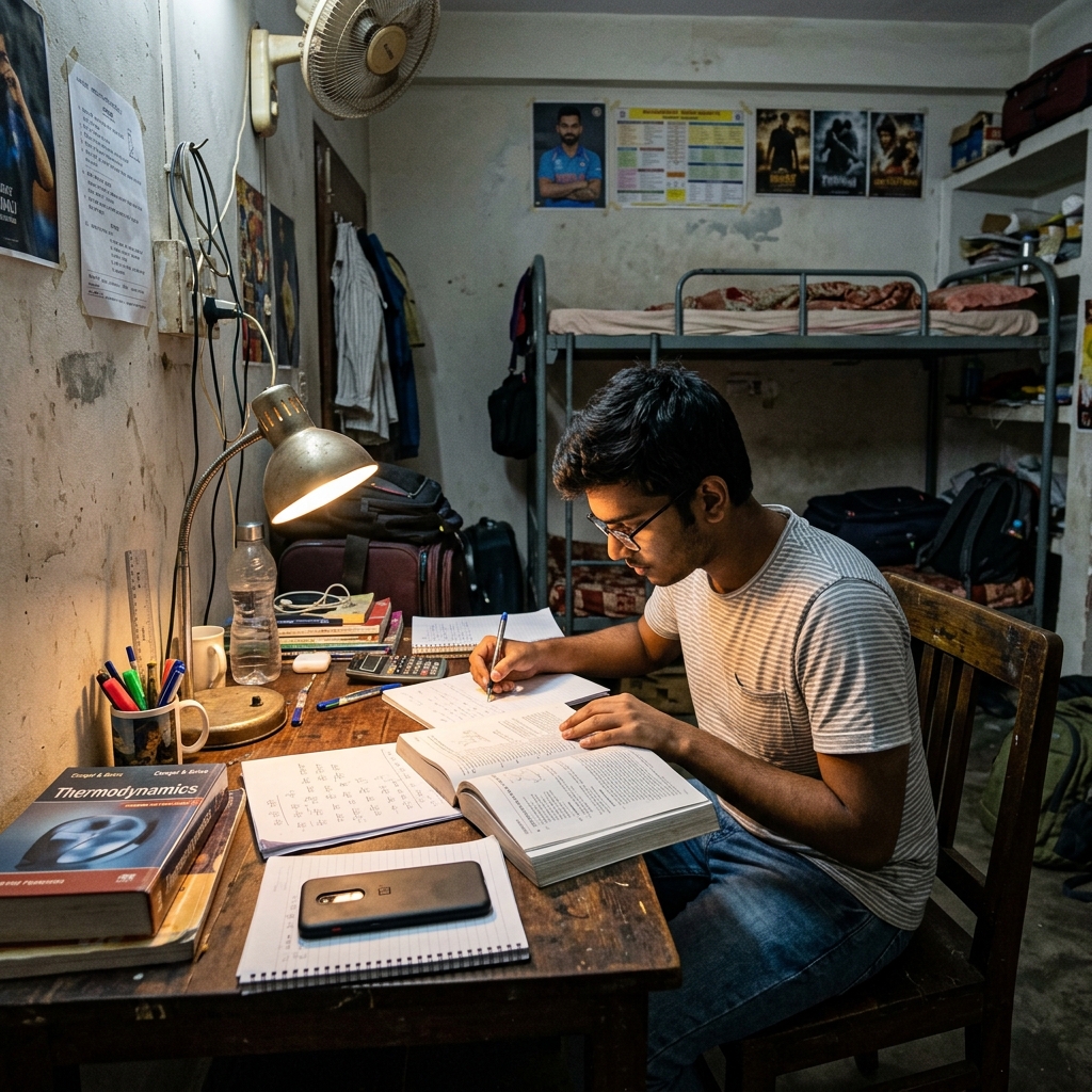 A student sitting at a study desk in a hostel room — books open, phone face-down, a desk lamp on. Feels focused, slightly cluttered, and real.