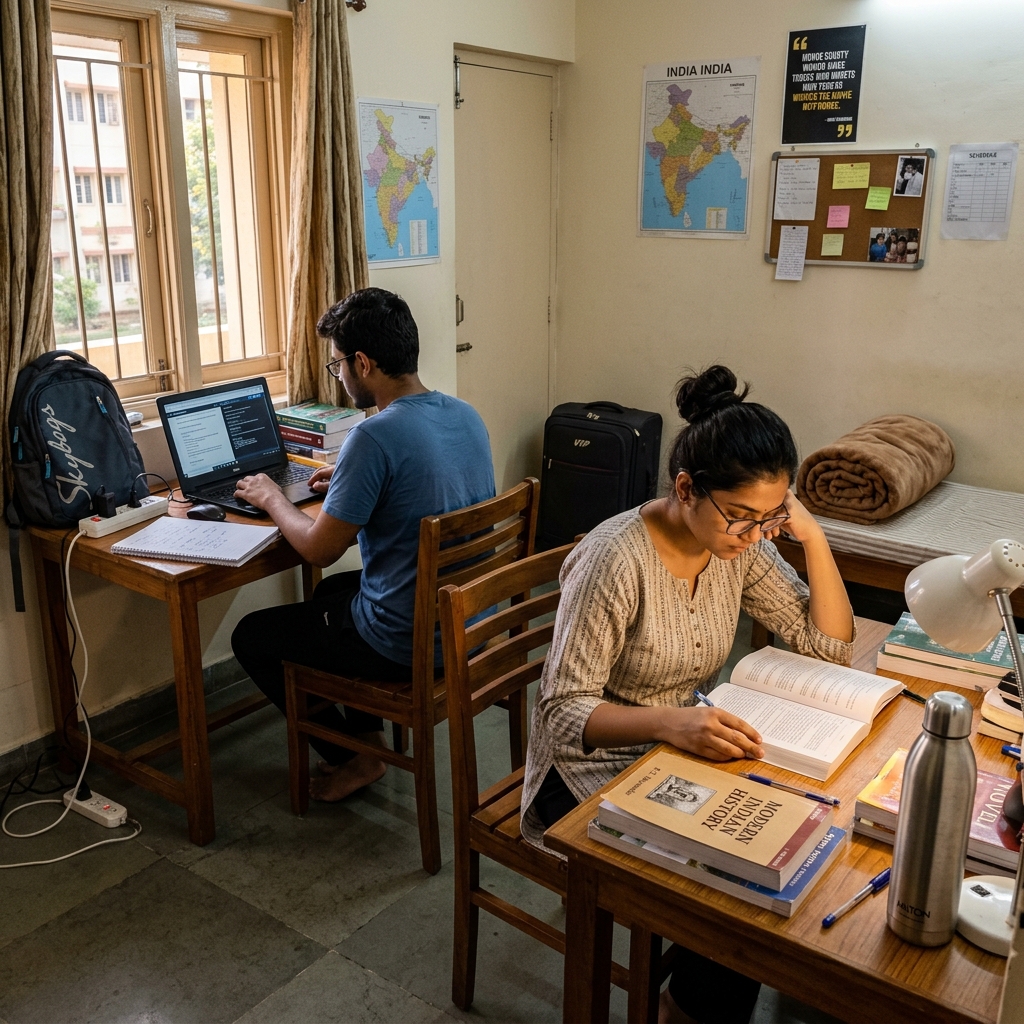 Two students at separate desks in the same room — one reading, one on a laptop. Both are clearly studying.