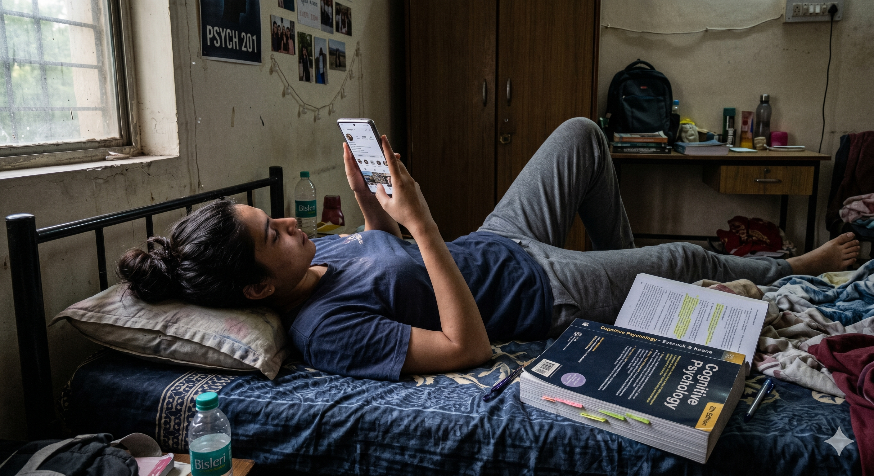 A student sitting alone on a hostel bed, scrolling on their phone while a textbook lies ignored nearby.