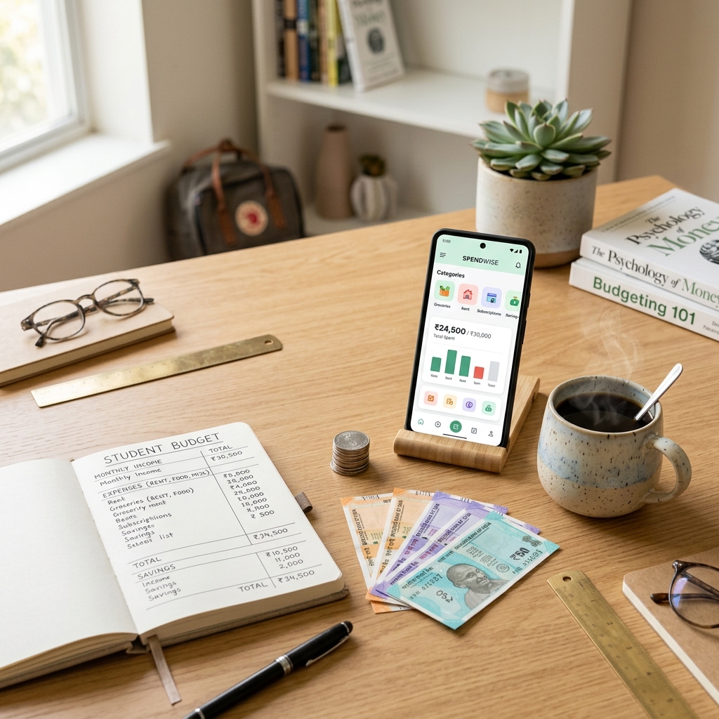 Student budgeting layout with notebook, calculator, phone and tea