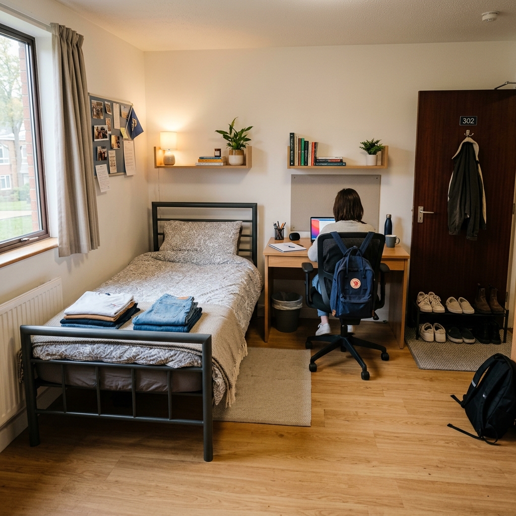 An authentic, clean room setup of a college hostel showing a single metal frame bed, folded clothes, a study chair, a backpack, and a few pairs of shoes near the door