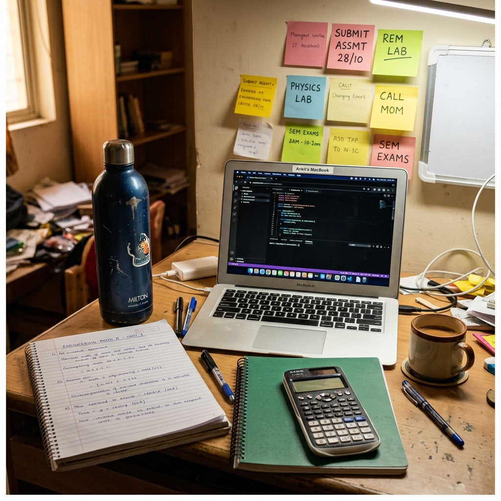 A close-up shot of a typical, slightly messy Indian college hostel study table with a laptop, spiral-bound notebooks, a steel water bottle, a cup of tea, sticky notes on the wall, and a scientific calculator