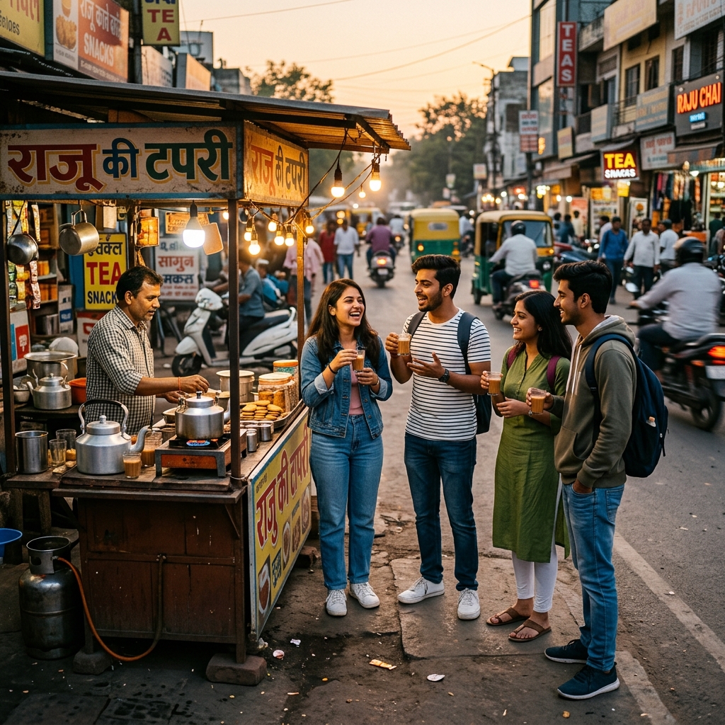 A candid shot of Indian college students in casual clothes standing around a local street-side tea stall (tapri) at dusk, holding small glass cups of cutting chai