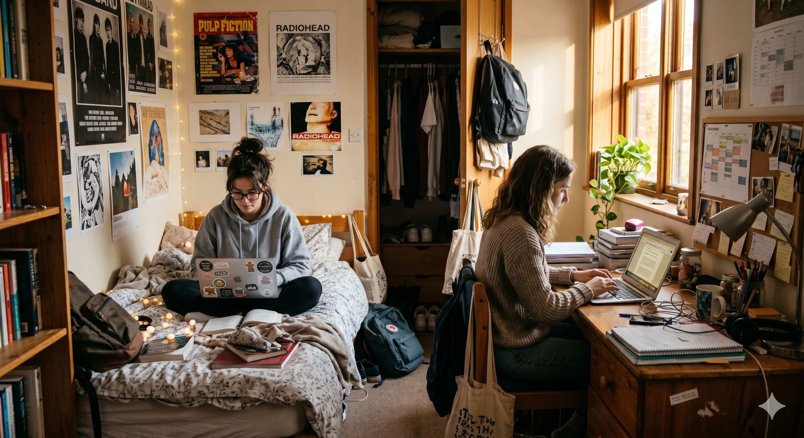 Two students having a friendly, casual conversation in a lived-in hostel room