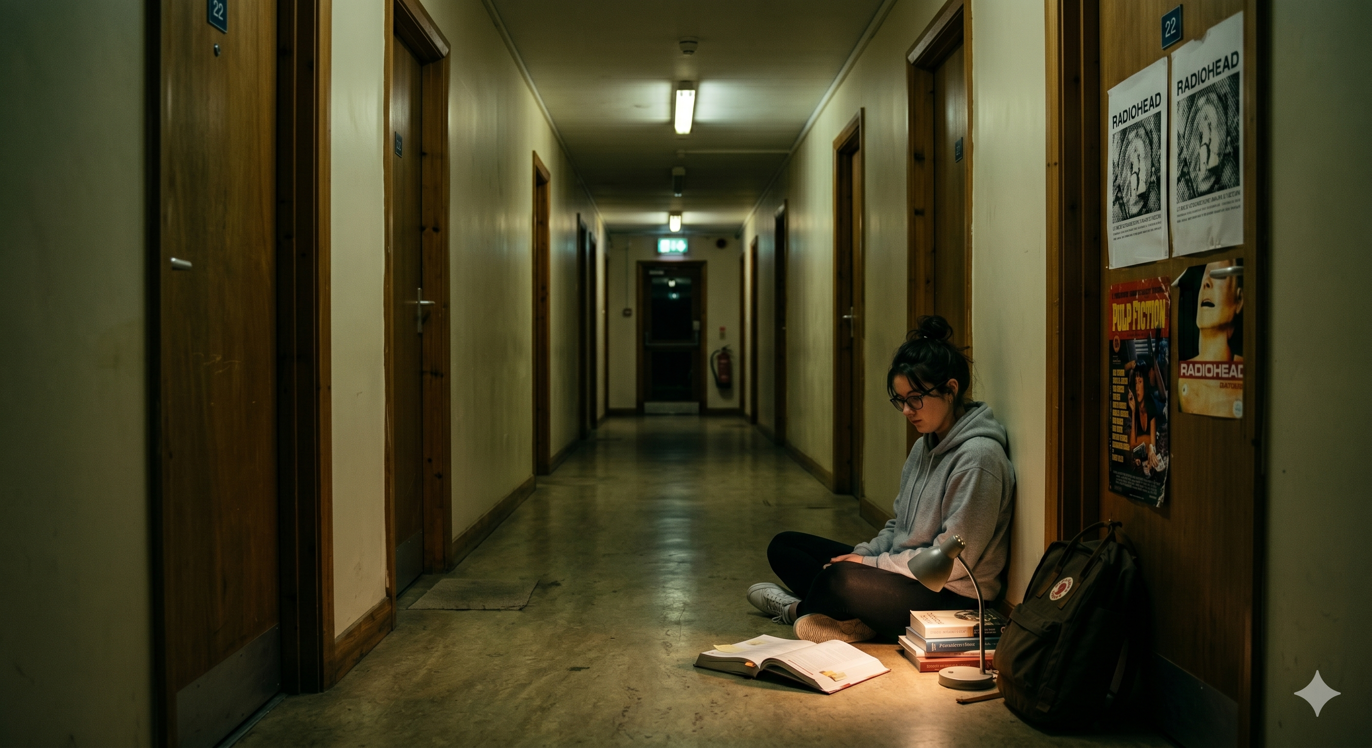 A student sitting in a dimly lit hostel corridor, studying on the floor