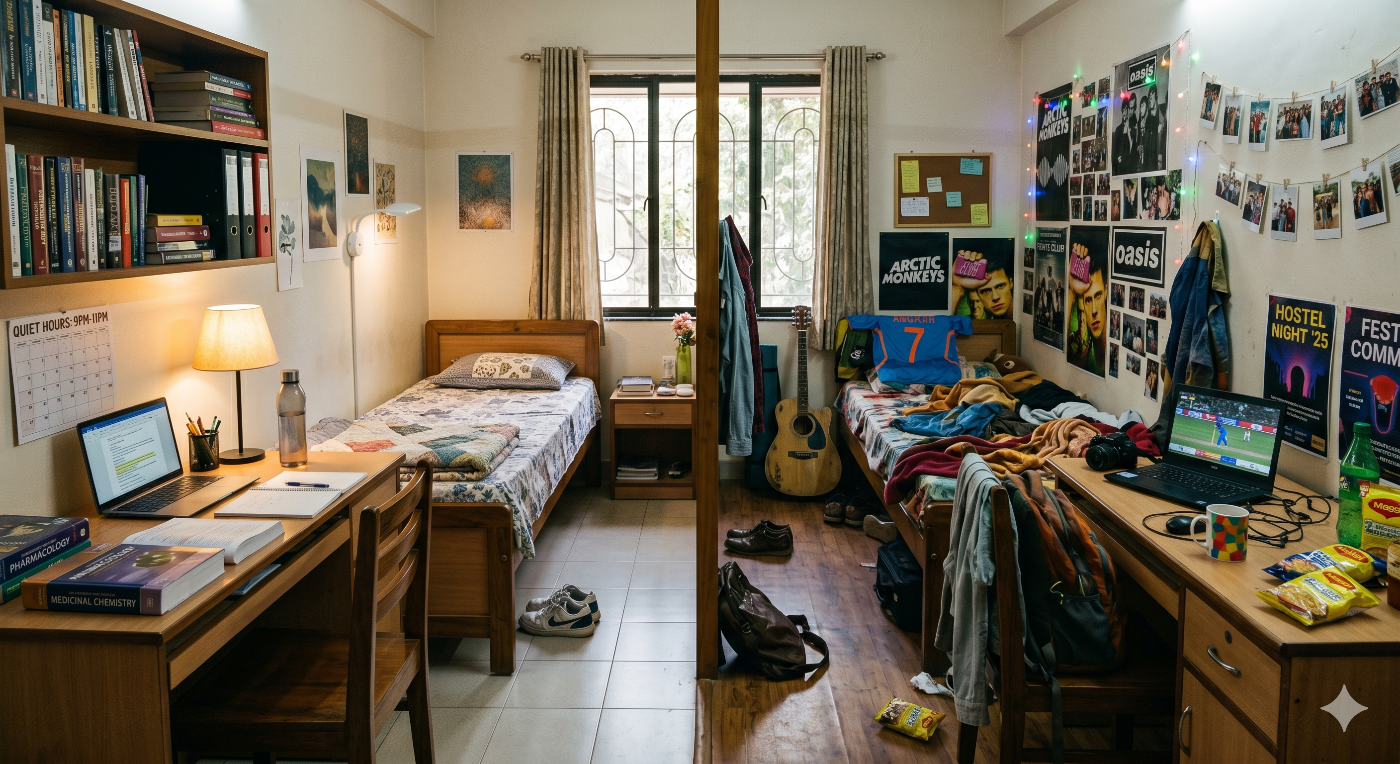 A hostel room with two clearly different sides — one organized and quiet with a lamp and books, one with more social items visible.