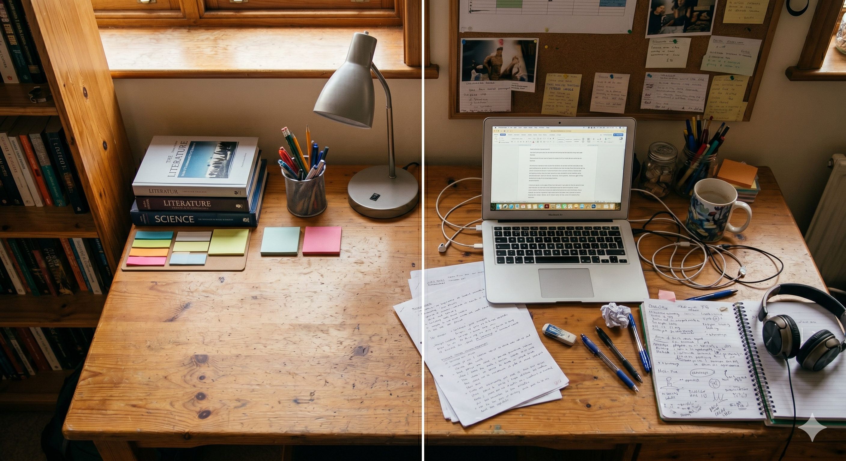A split-view of a study desk showing two different organizational styles