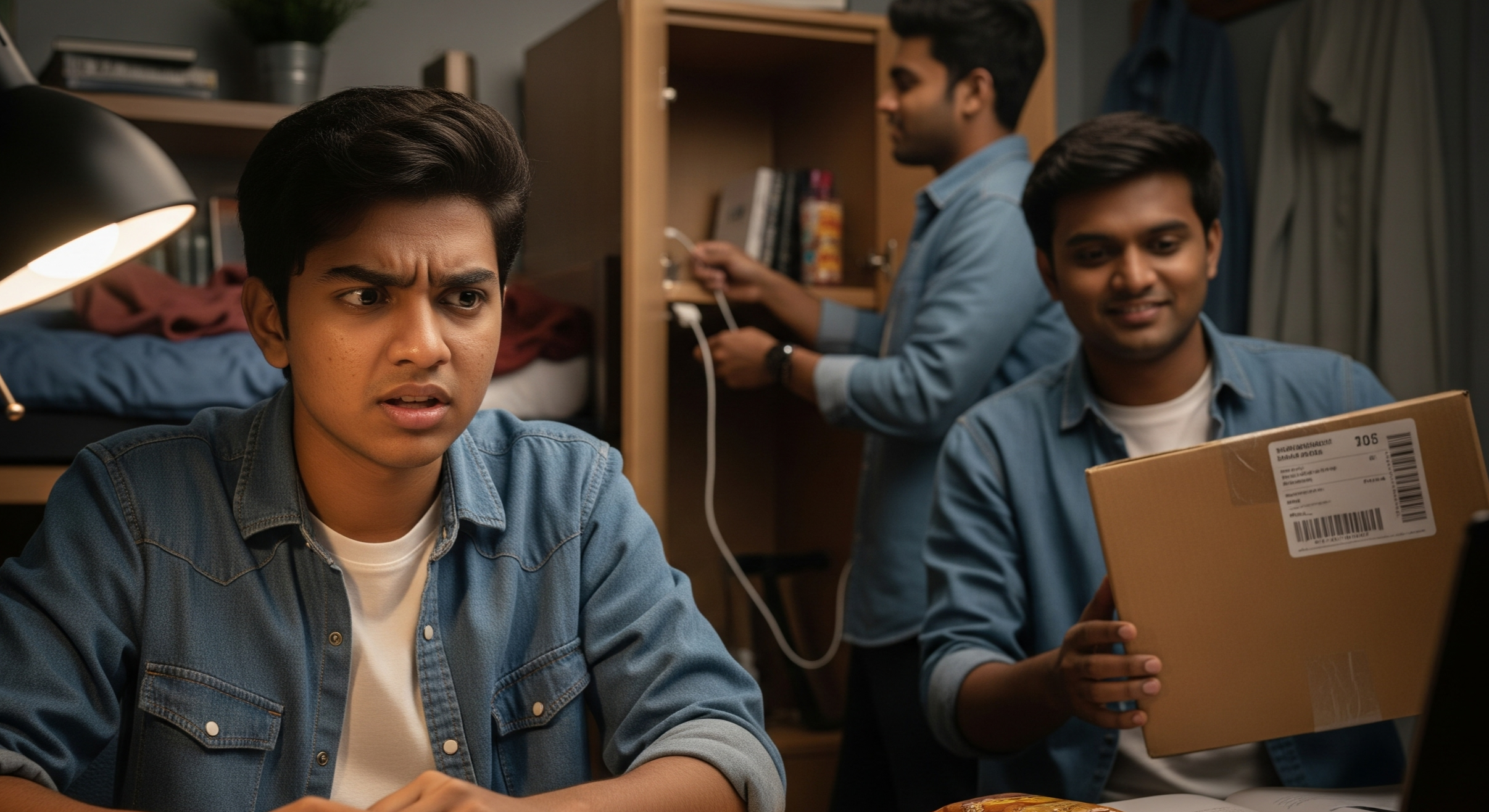 Roommate reaching for another person's desk without permission, highlighting a boundary violation