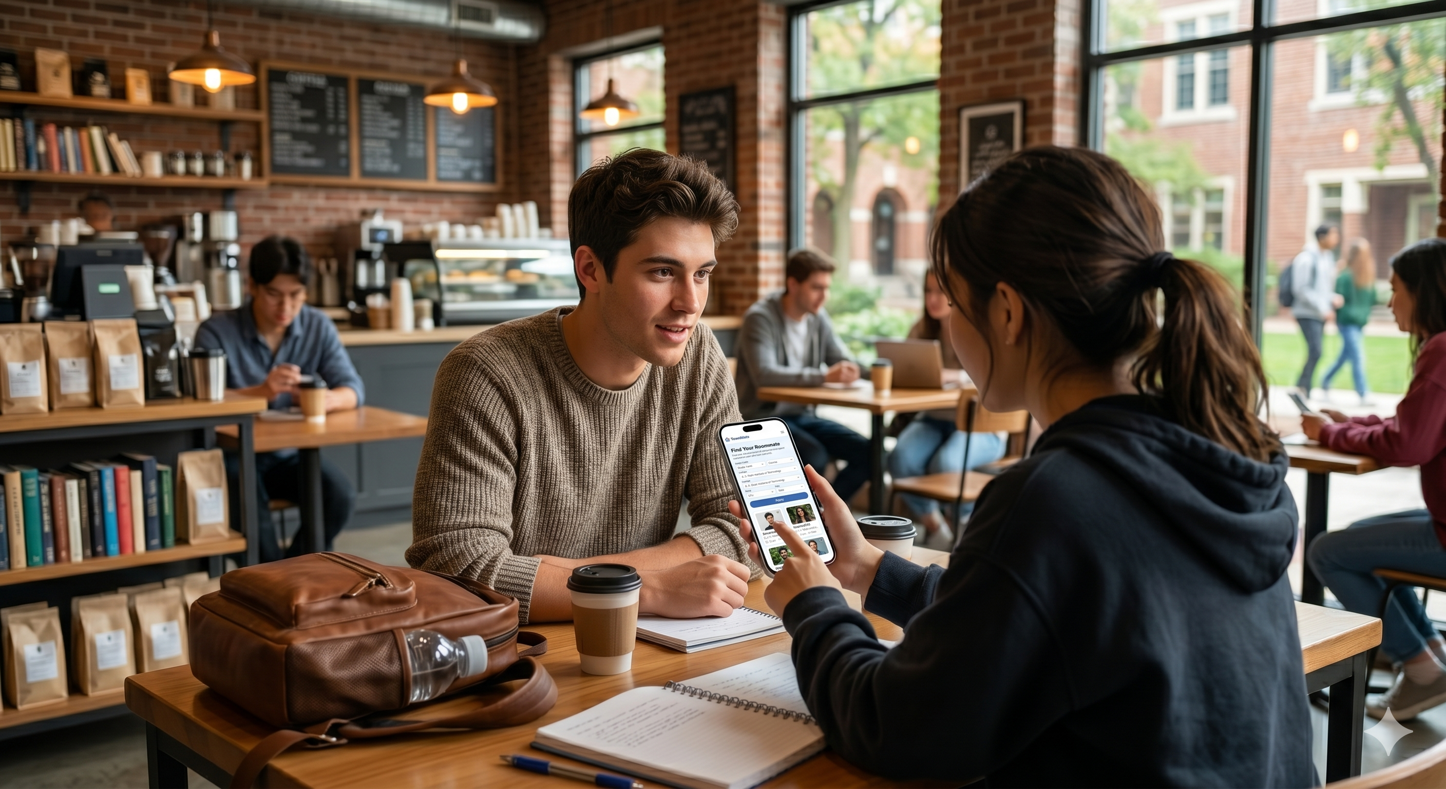 Two students meeting in a college campus café, one showing their phone screen to the other.