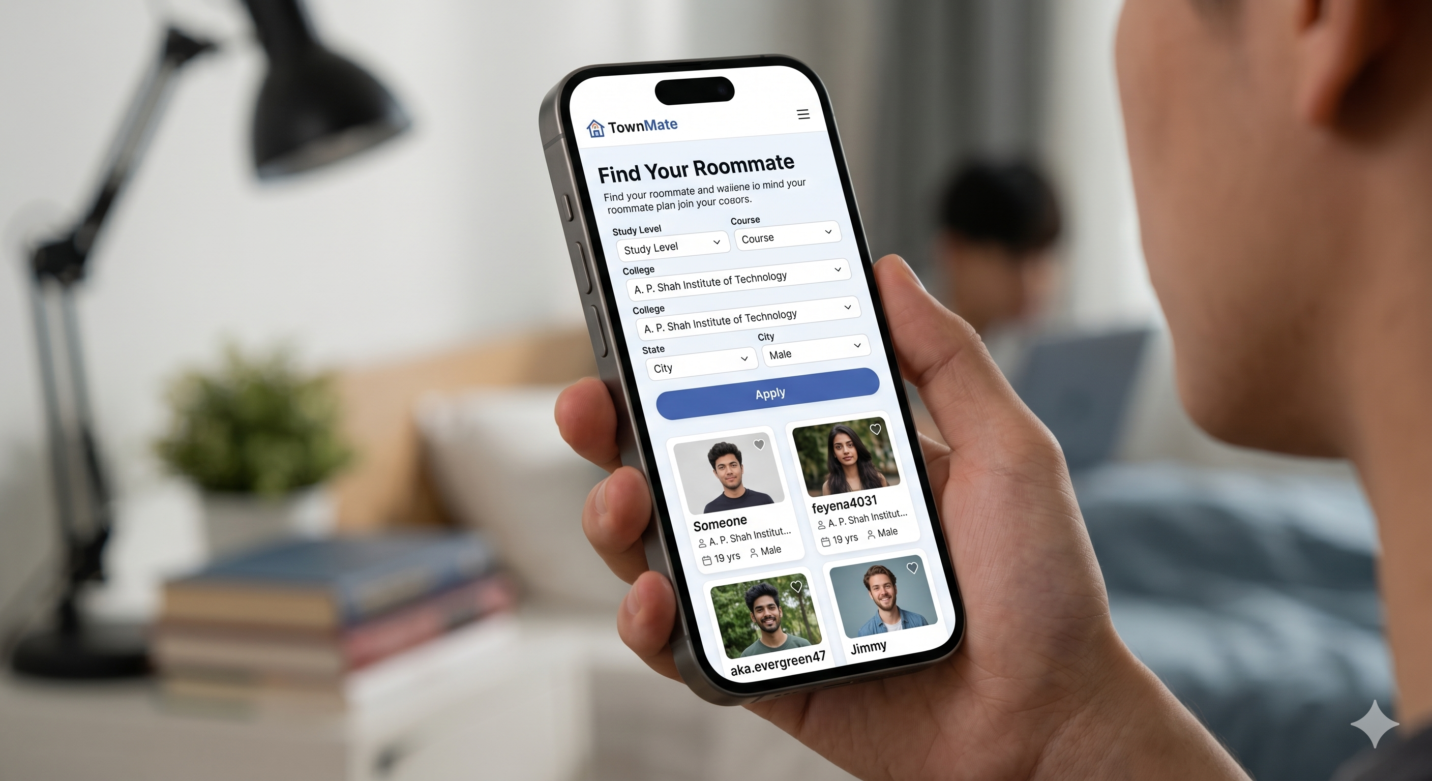 Close-up of a phone screen showing a roommate search app or listing.
