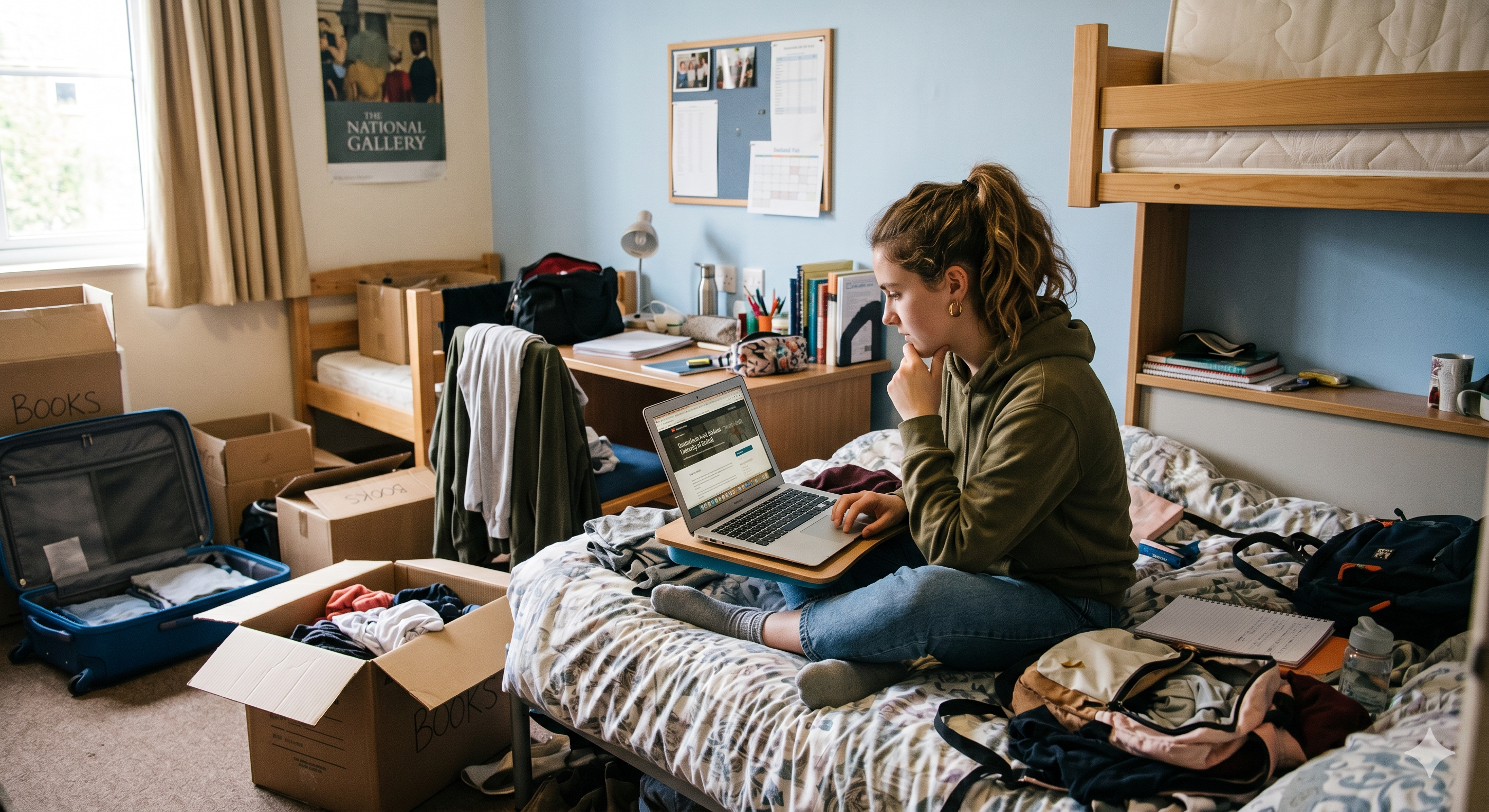 A student sitting on a bed in a half-unpacked hostel room, laptop open, looking at a screen.
