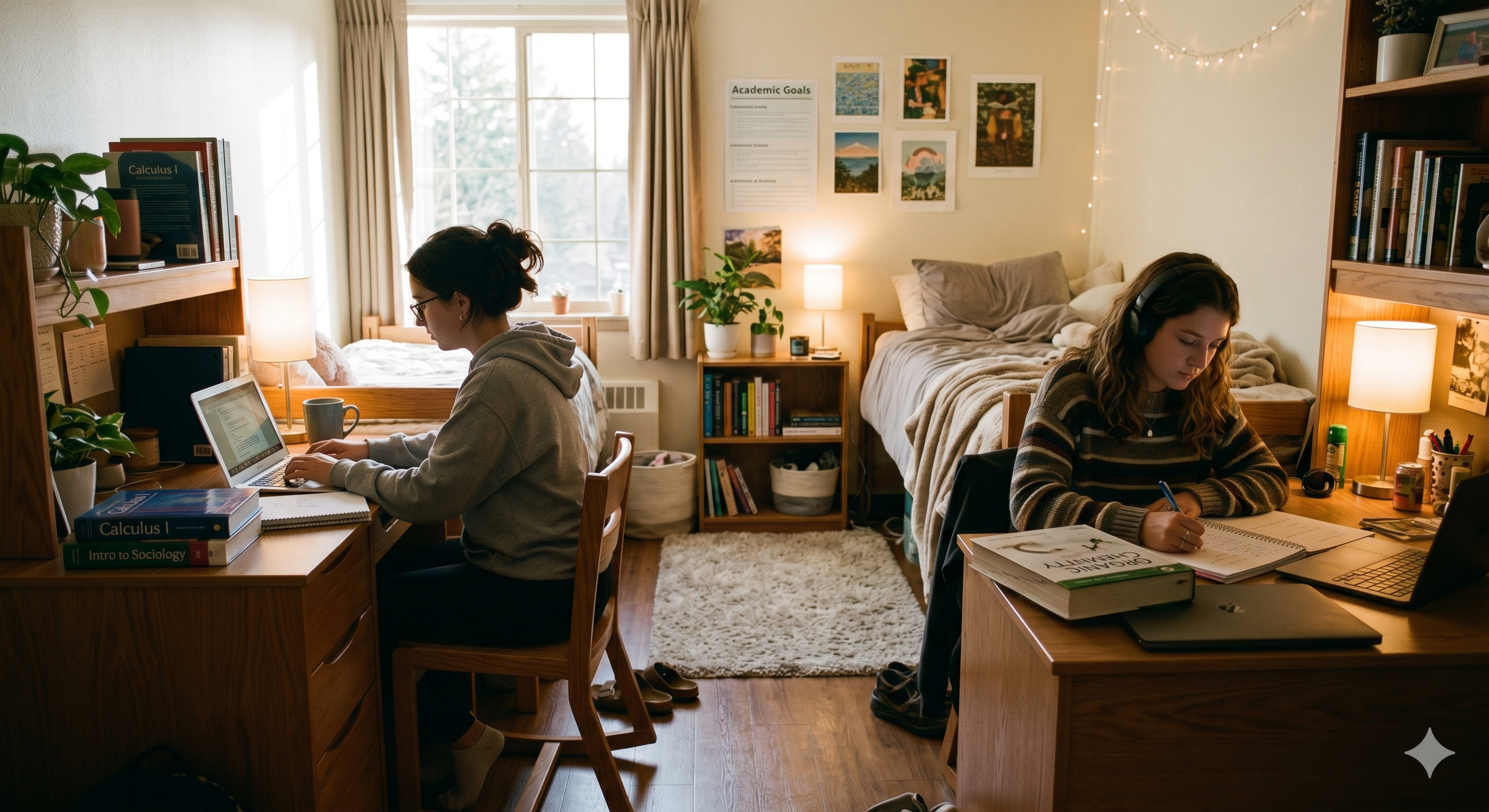 Two students at separate study desks in a hostel room, both focused on their own work.