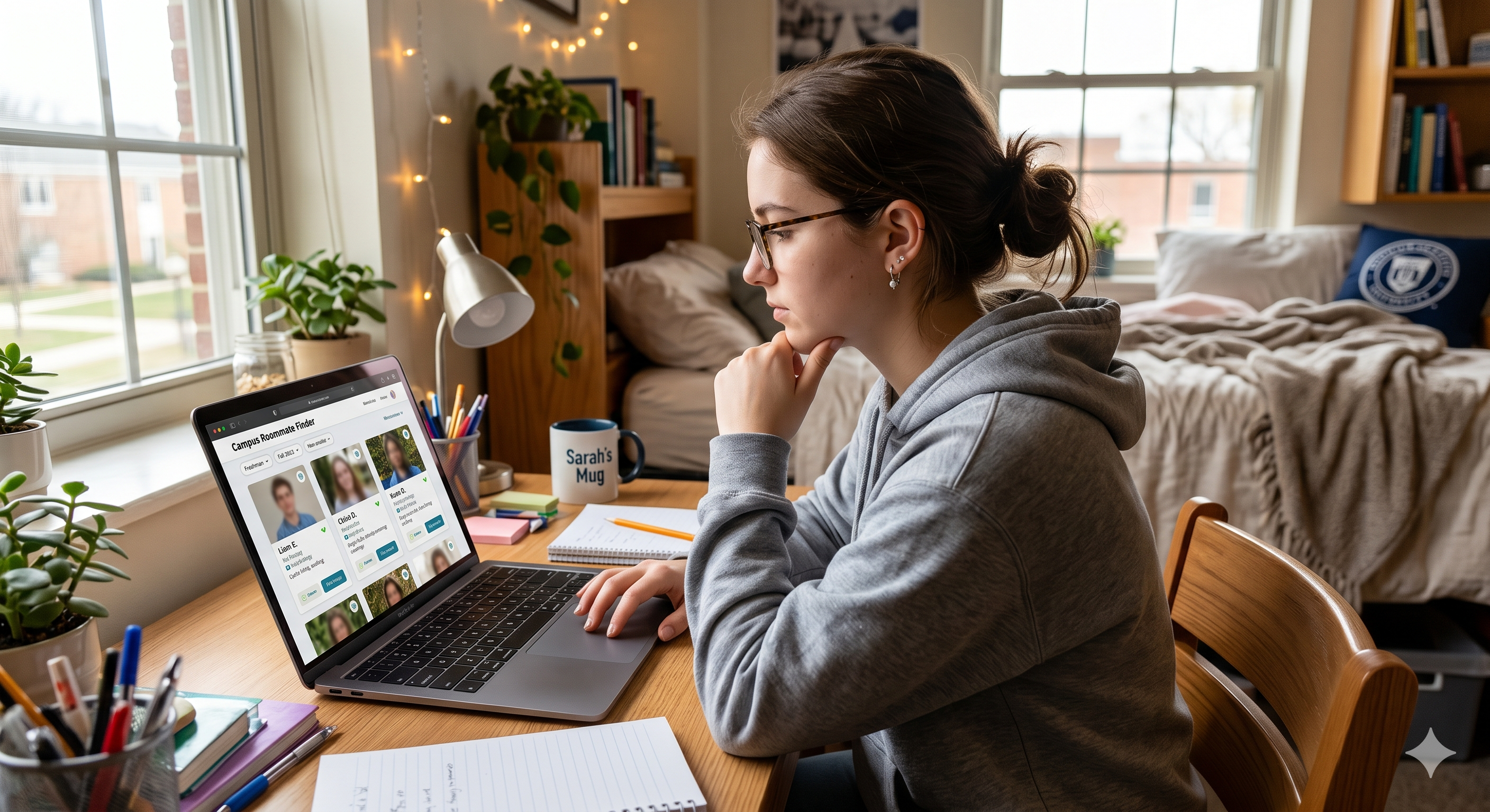A student using a laptop looking at a roommate search interface in a hostel room.