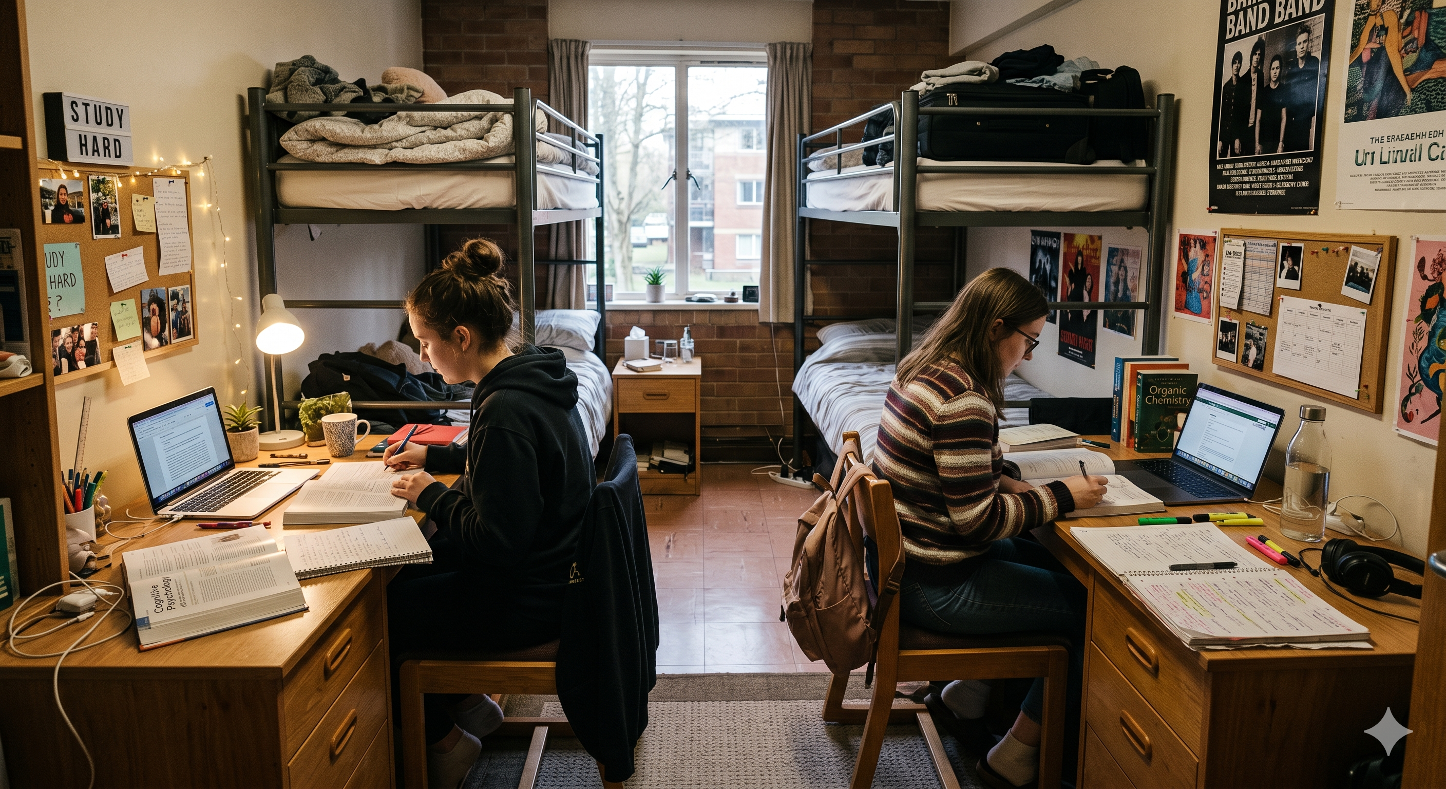 A real hostel room with two study desks, both with open books and notes.